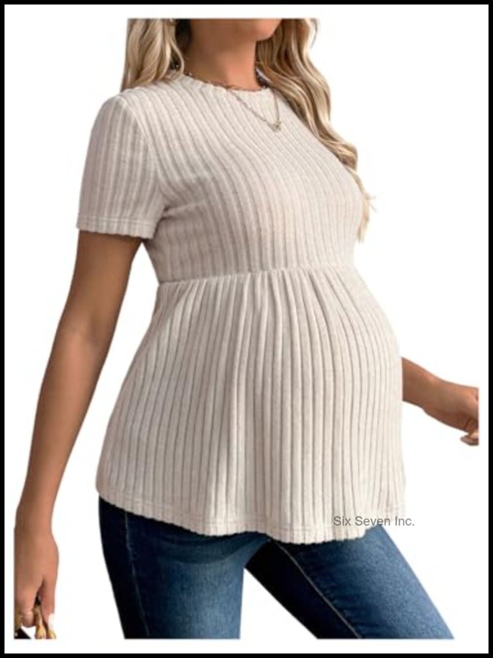 Ribbed Knit Maternity Peplum T-Shirt Short Sleeve Ruffle Hem Tee